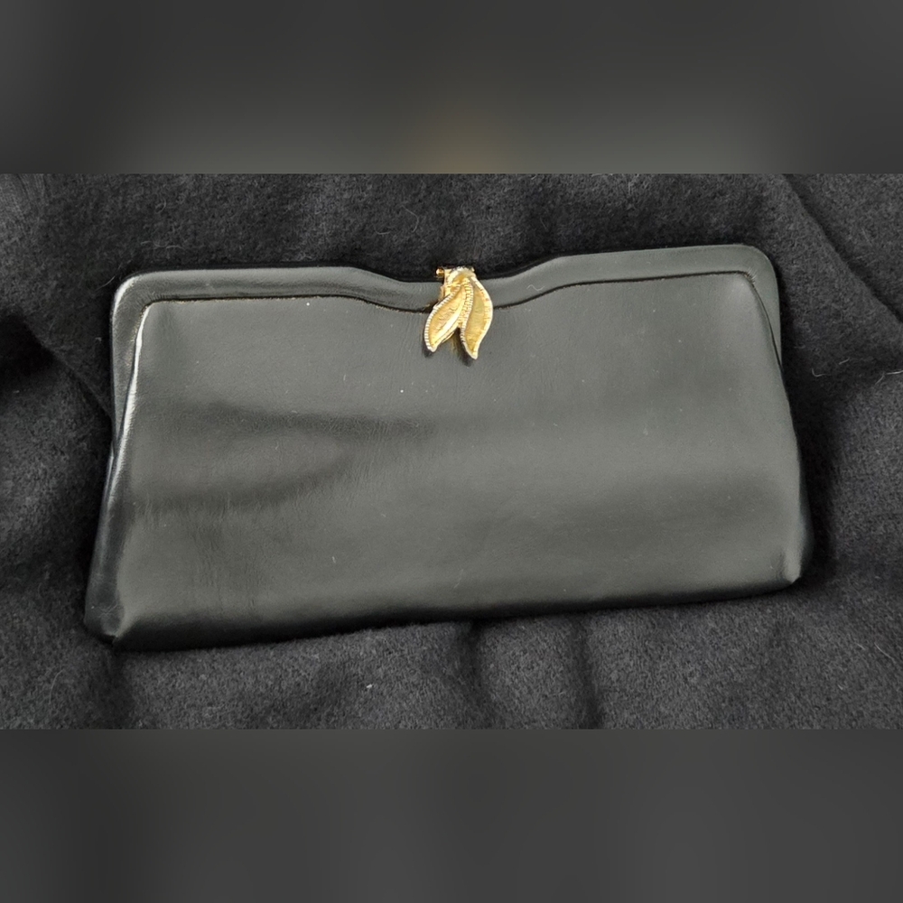 Vintage Clutch Black w/ Goldtone Leaf/Petal Closure Sateen Inside-Chain Attached